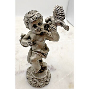 SUN CO Pewter Cherub Cupid Angel Holding DOVE 3-1/2" tall Figurine/Paperweight